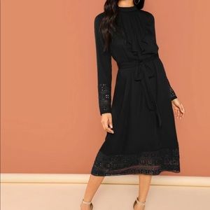 Collar Lace Trim Belted Dress